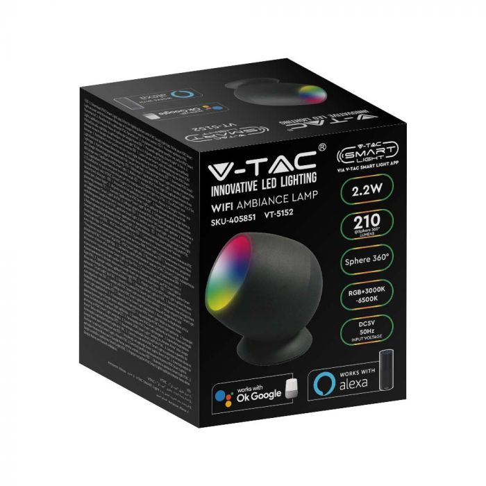Светодиодный светильник 2,2 Вт (210 лм), V-TAC, IP20, совместим с AMAZON ALEXA и GOOGLE HOME, RGB+3000K-6500K