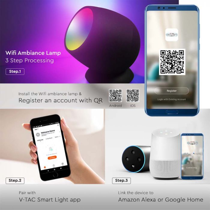 Светодиодный светильник 2,2 Вт (210 лм), V-TAC, IP20, совместим с AMAZON ALEXA и GOOGLE HOME, RGB+3000K-6500K