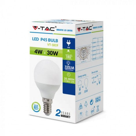 E14 4W(320Lm) LED-pirn, G45, V-TAC, jaheda valge valgus 6000K