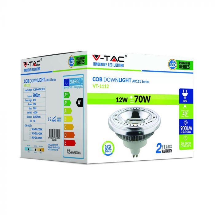 GU10 AR111 12W(650Lm) LED Spuldze, V-TAC, auksti balta gaisma 6000K