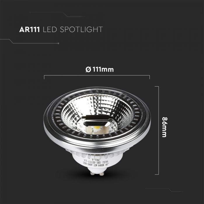 GU10 AR111 12W(650Lm) LED Spuldze, V-TAC, auksti balta gaisma 6000K
