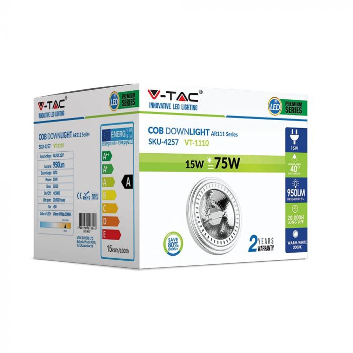 AR111 12V 15W(780Lm) LED-lampa, V-TAC, kallvitt ljus 6000K