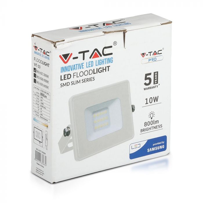 10W(800Lm) LED-strålkastare V-TAC SAMSUNG med rörelsesensor, vitt hölje, IP65, 5 års garanti, neutralvitt ljus 4000K
