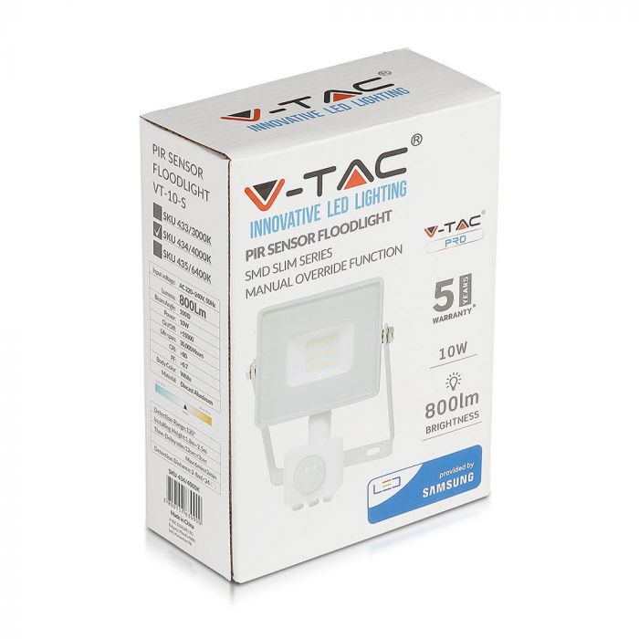 10W(800Lm) LED-strålkastare med rörelsesensor, V-TAC SAMSUNG, 5 års garanti, vitt hölje, varmvitt ljus 3000K