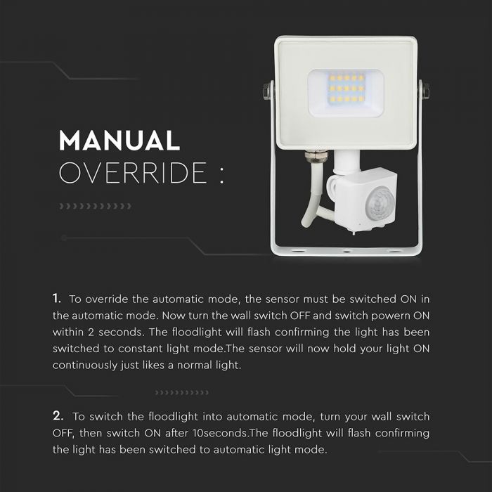 10W(800Lm) LED-strålkastare med rörelsesensor, V-TAC SAMSUNG, 5 års garanti, vitt hölje, varmvitt ljus 3000K