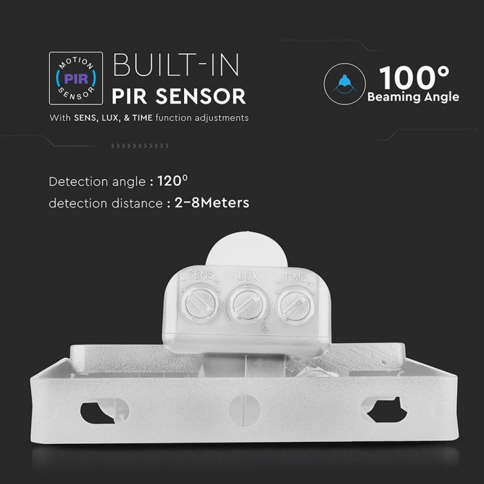 10W(800Lm) LED-strålkastare med rörelsesensor, V-TAC SAMSUNG, 5 års garanti, vitt hölje, varmvitt ljus 3000K