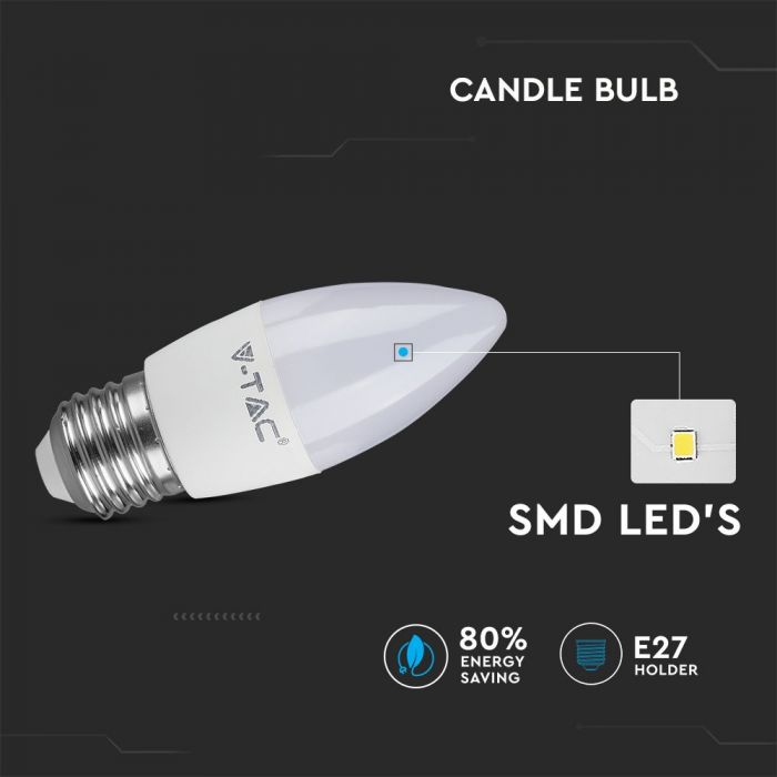 E27 5.5W(470Lm) LED Spuldze, sveces formas, V-TAC, auksti balta gaisma 6400K