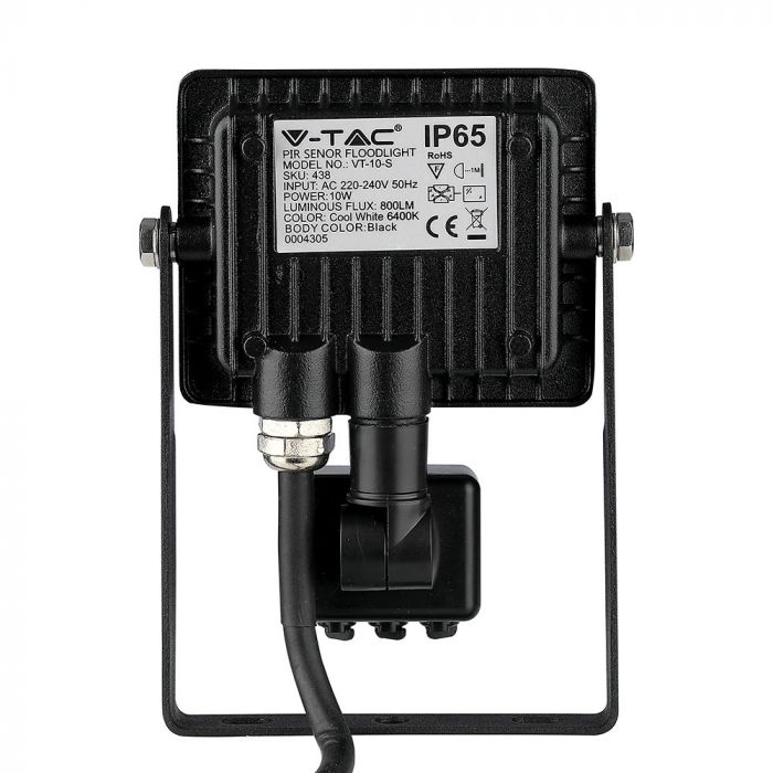 10W(800Lm) LED-strålkastare med rörelsesensor, V-TAC SAMSUNG, 5 års garanti, svart hölje, varmvitt ljus 3000K