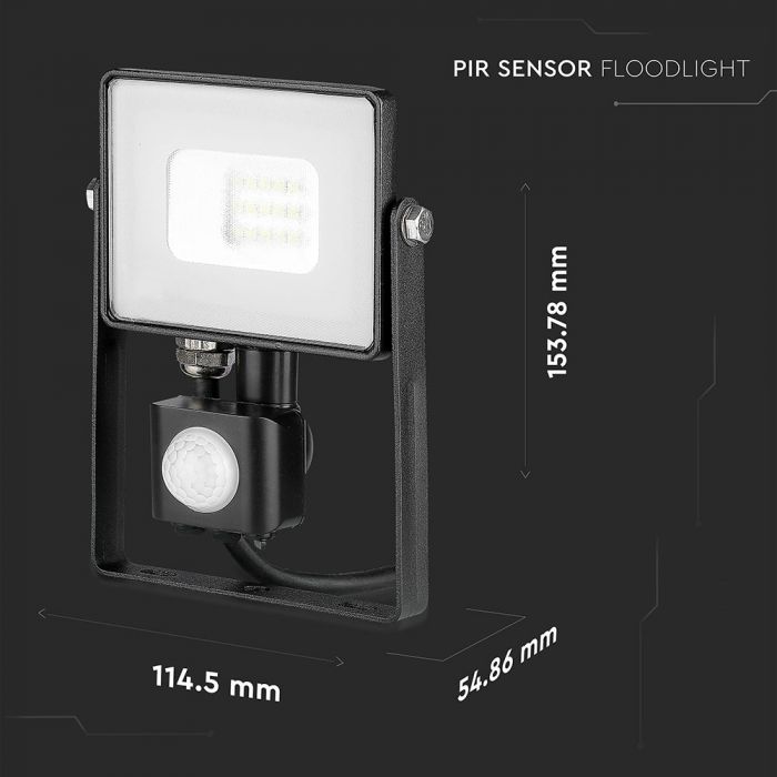 10W(800Lm) LED Prožektors ar kustības sensoru, V-TAC SAMSUNG, garantija 5 gadi, melns korpuss, silti balta gaisma 3000K
