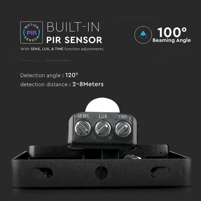 10W(800Lm) LED-strålkastare med rörelsesensor, V-TAC SAMSUNG, 5 års garanti, svart hölje, varmvitt ljus 3000K
