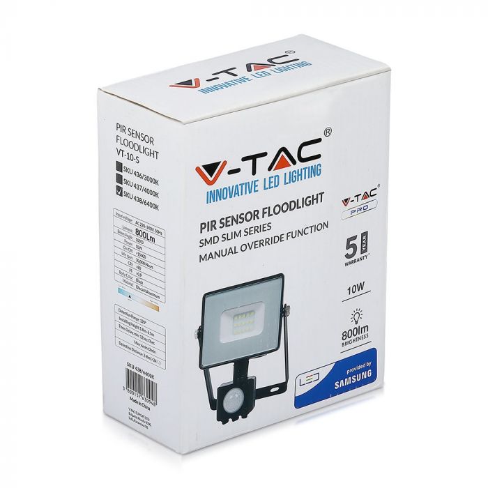 10W(800Lm) LED-strålkastare med rörelsesensor, V-TAC SAMSUNG, 5 års garanti, svart hölje, neutralvit 4000K