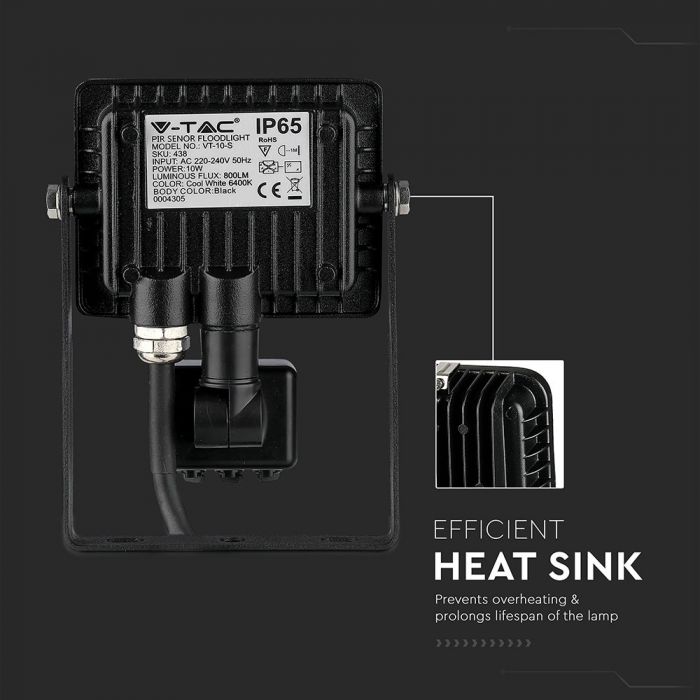 10W(800Lm) LED-strålkastare med rörelsesensor, V-TAC SAMSUNG, 5 års garanti, svart hölje, neutralvit 4000K