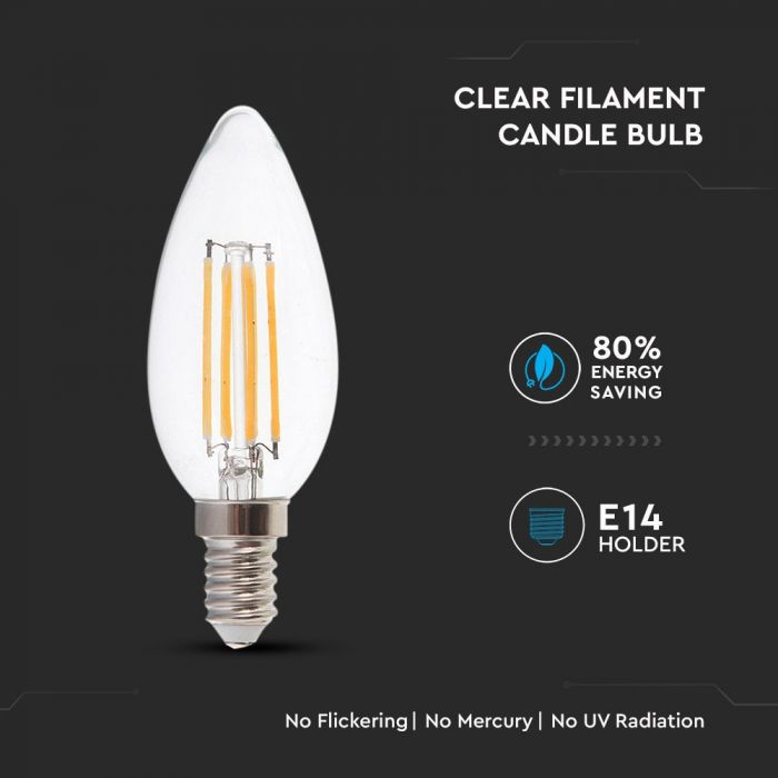E14 4W(400Lm) LED-lambi hõõgniit, küünlakujuline, V-TAC, jaheda valge valgus 6000K