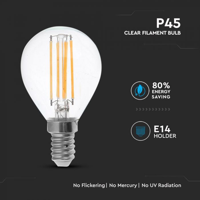 E14 4W(400Lm) LED-lambi hõõgniit, P45, V-TAC, neutraalne valge 4500K