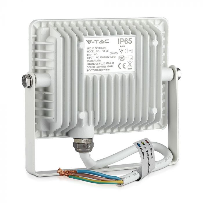 20W (1600Lm) LED Spotlight V-TAC SAMSUNG, IP65, 5 års garanti, vitt hölje, 6400K kallvitt ljus