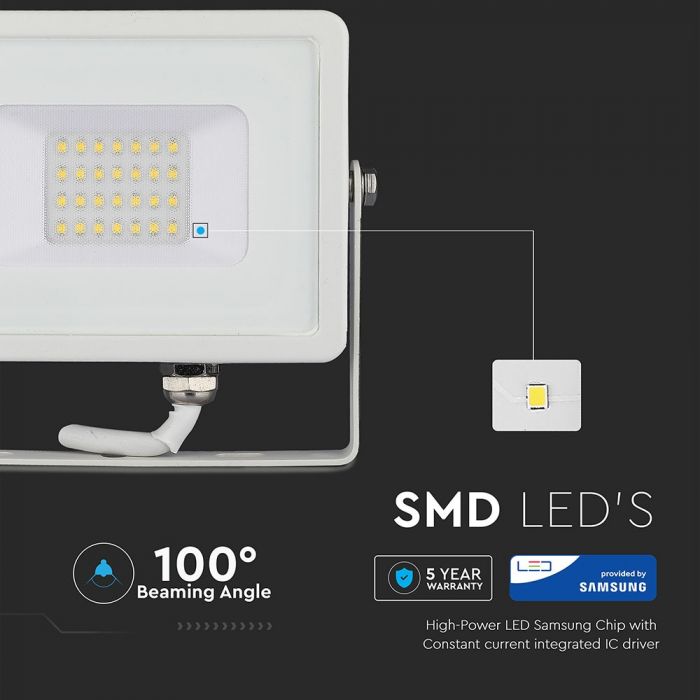 20W (1600Lm) LED Spotlight V-TAC SAMSUNG, IP65, 5 års garanti, vitt hölje, 6400K kallvitt ljus