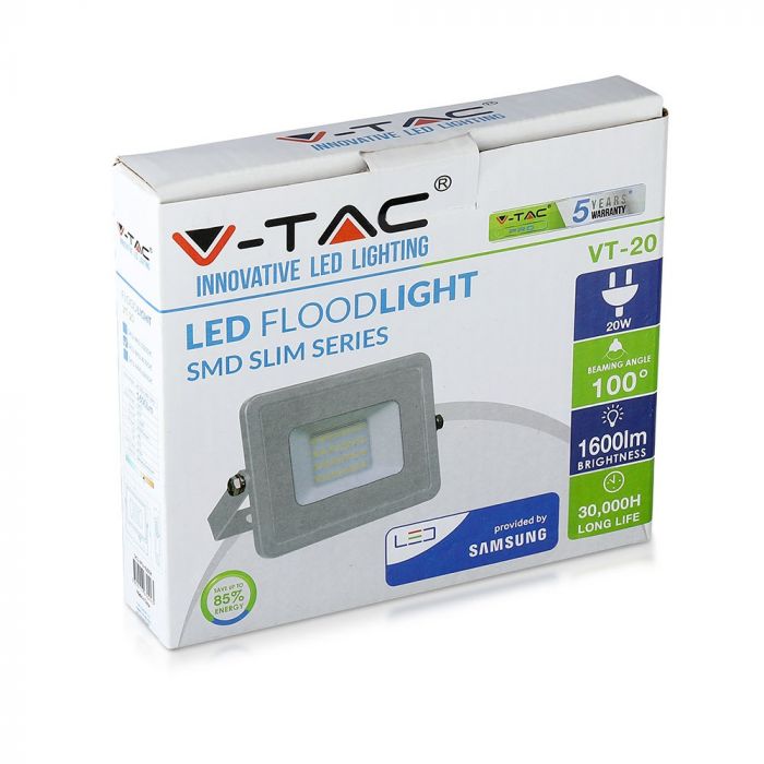 20W (1600Lm) LED Spotlight V-TAC SAMSUNG, IP65, 5 års garanti, vitt hölje, 6400K kallvitt ljus