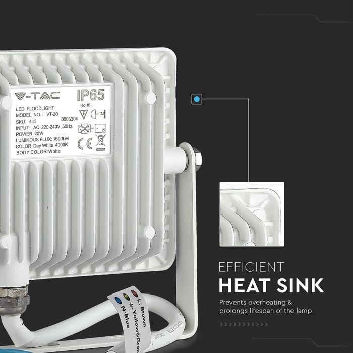 20W(1600Lm) LED Spotlight V-TAC SAMSUNG, IP65, warranty 5 years, white body, cold white light 6400K