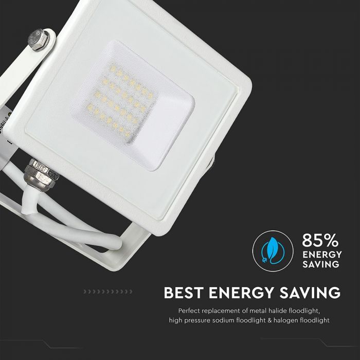 20W (1600Lm) LED Spotlight V-TAC SAMSUNG, IP65, 5 års garanti, vitt hölje, 6400K kallvitt ljus