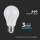 E27 9W(806Lm) LED gudrā 3 soļu dimmējamā spuldze, A60, V-TAC, auksti balta gaisma 6400K