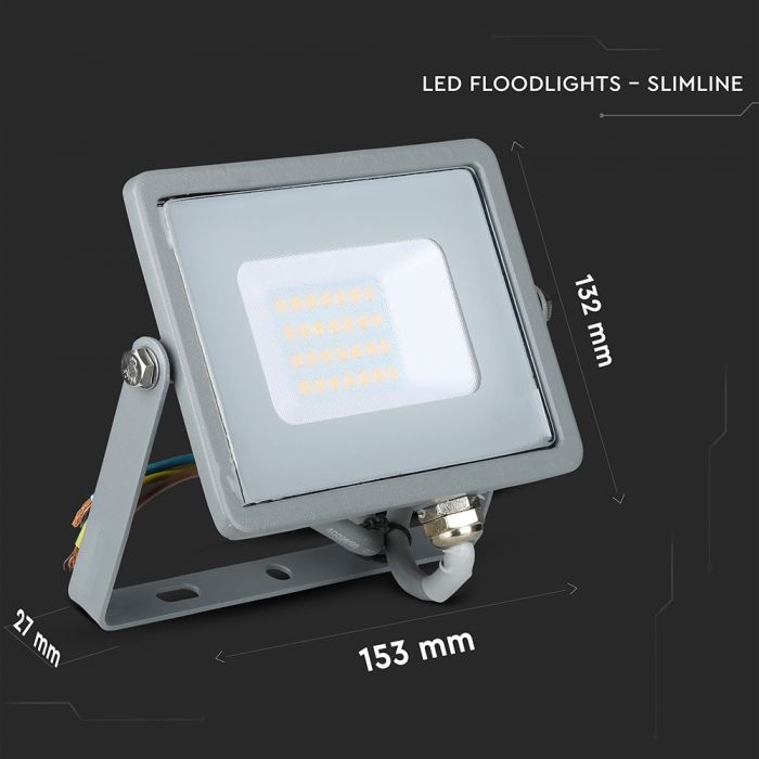 20W(1600Lm) LED Prožektors V-TAC SAMSUNG, IP65, garantija 5 gadi, pelēks korpuss, silti balta gaisma 3000K