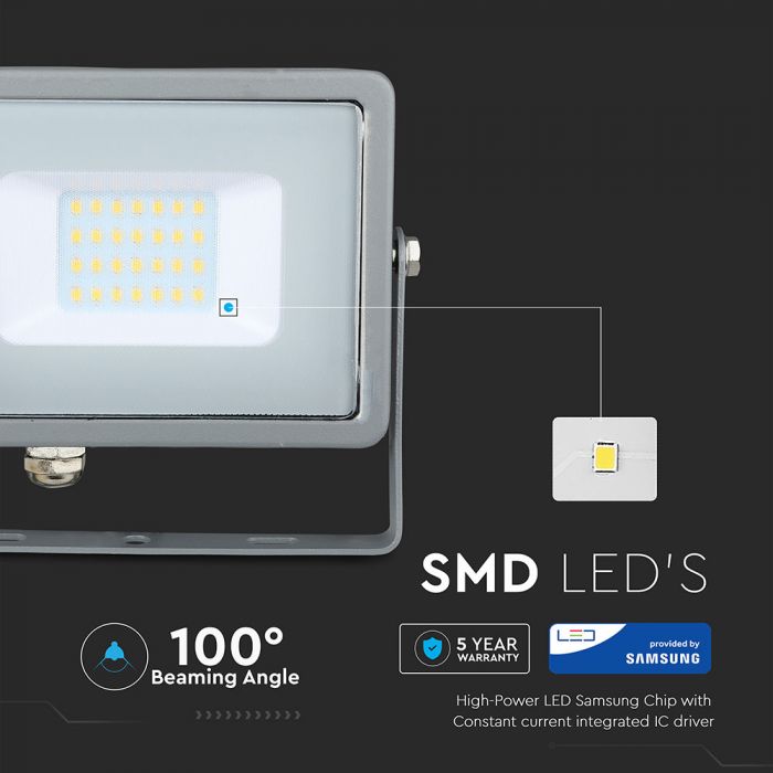 20W(1600Lm) LED Spotlight V-TAC SAMSUNG, IP65, 5 års garanti, grått hölje, 6400K kallvitt ljus