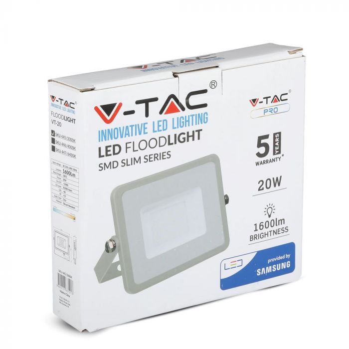 20W(1600Lm) LED Spotlight V-TAC SAMSUNG, IP65, 5 års garanti, grått hölje, 6400K kallvitt ljus