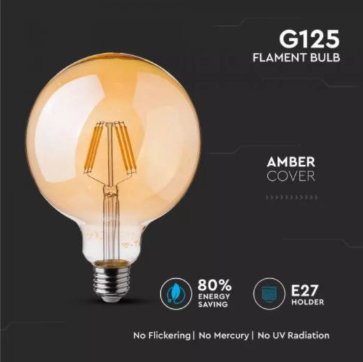 E27 4W(350Lm) LED Spuldze Filament AMBER, G125, V-TAC, silti balta gaisma 2200K