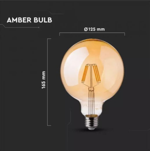 E27 4W(350Lm) LED Spuldze Filament AMBER, G125, V-TAC, silti balta gaisma 2200K