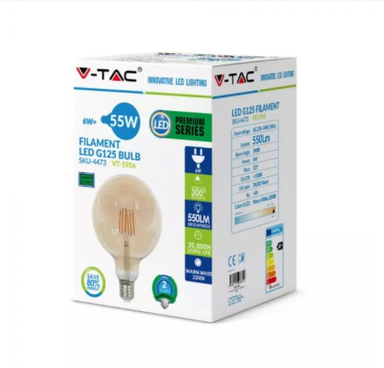 E27 4W(350Lm) LED Spuldze Filament AMBER, G125, V-TAC, silti balta gaisma 2200K