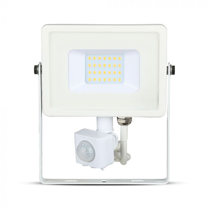 20W(1600Lm) SMD LED floodlight with PIR motion sensor, V-TAC SAMSUNG, IP65, 5 years warranty, white housing, warm white light 3000K