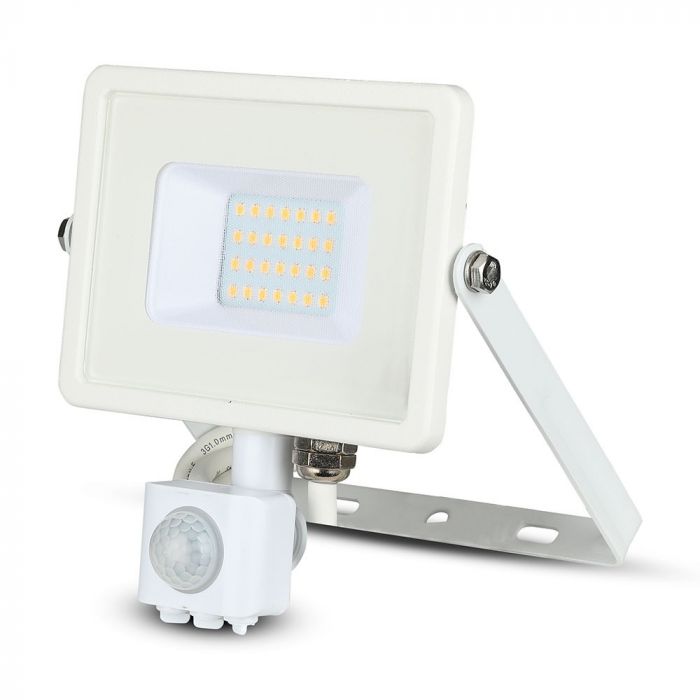 20W(1600Lm) LED Prožektors ar SMD PIR kustības sensoru, V-TAC SAMSUNG, IP65, garantija 5 gadi, balts korpuss, silti balta gaisma 3000K