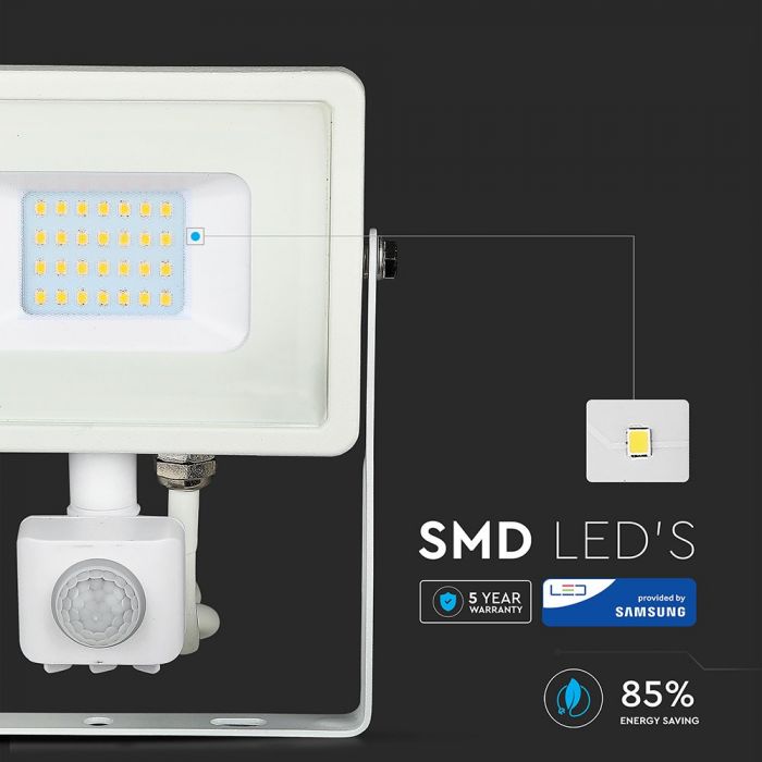 20W(1600Lm) SMD LED прожектор с PIR датчиком движения, V-TAC SAMSUNG, IP65, гарантия 5 лет, белый корпус, теплый белый свет 3000K