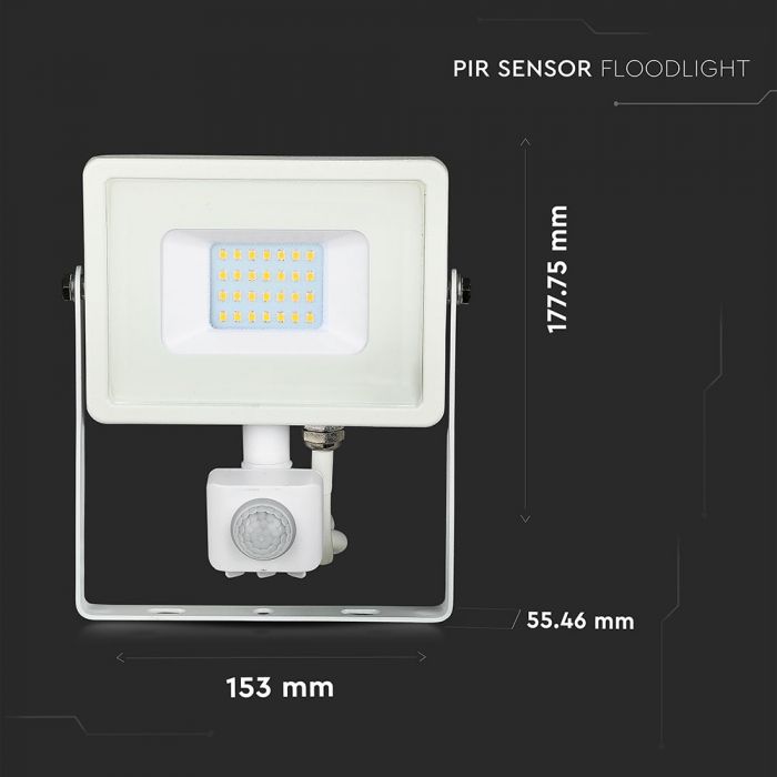 20W(1600Lm) SMD LED прожектор с PIR датчиком движения, V-TAC SAMSUNG, IP65, гарантия 5 лет, белый корпус, теплый белый свет 3000K