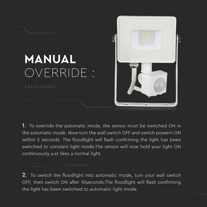20W(1600Lm) SMD LED floodlight with PIR motion sensor, V-TAC SAMSUNG, IP65, 5 years warranty, white housing, warm white light 3000K