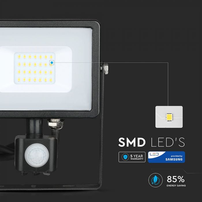 20W(1600Lm) LED Floodlight with motion sensor, V-TAC SAMSUNG, warranty 5 years, black body, neutral white light 4000K