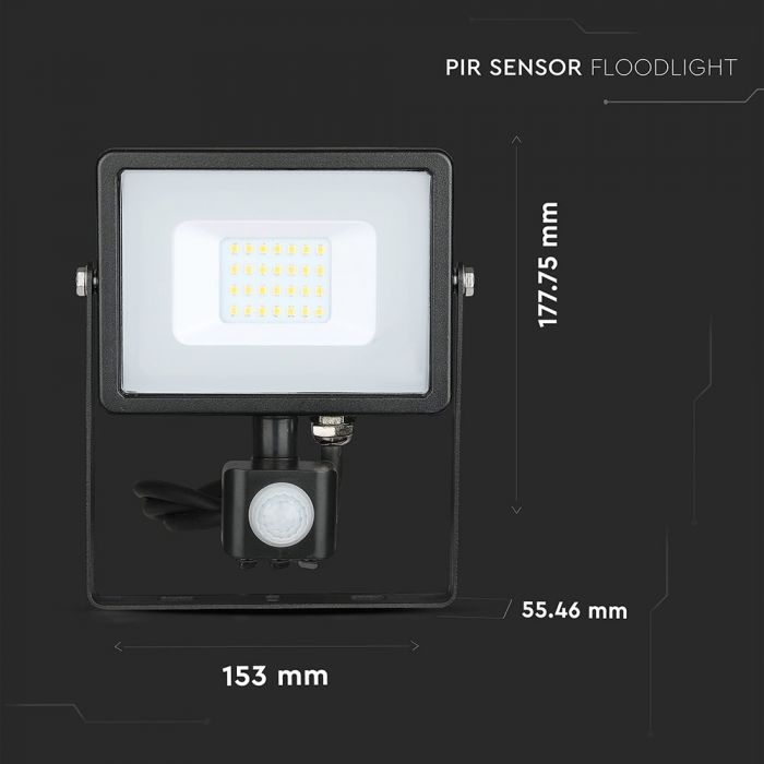 20W(1600Lm) LED Prožektors ar kustības sensoru, V-TAC SAMSUNG, garantija 5 gadi, melns korpuss, silti balta gaisma 3000K
