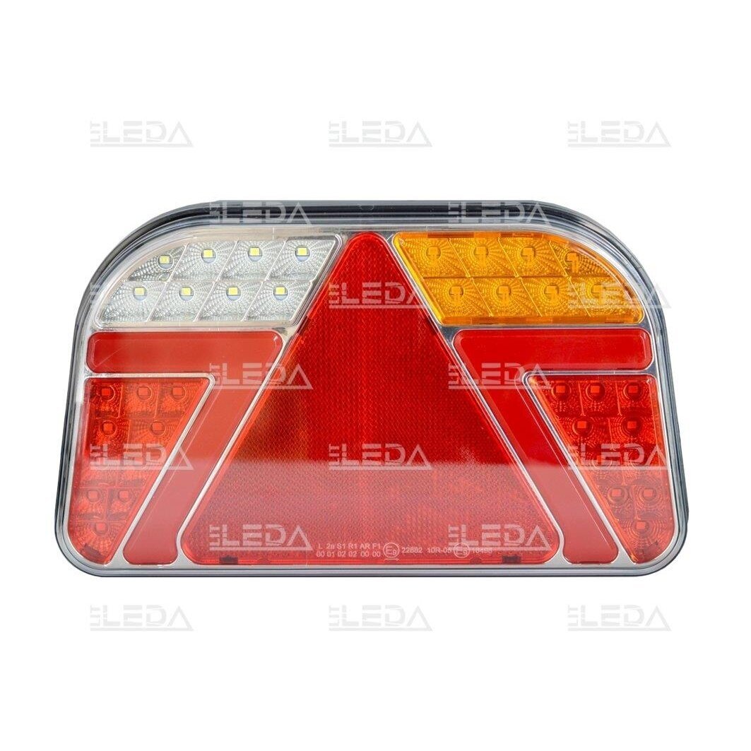 LITLEDA LED aizmugurējais lukturis 12 / 24V; gabarīti, pagrieziens (labais), bremzes, atpakaļgaita, numura zīmes apgaismojums, miglas lukturi, atstarotāji; ECE R3, ECE R4, ECE R7, ECE R6, ECE R23, ECE R38, EMC R11
