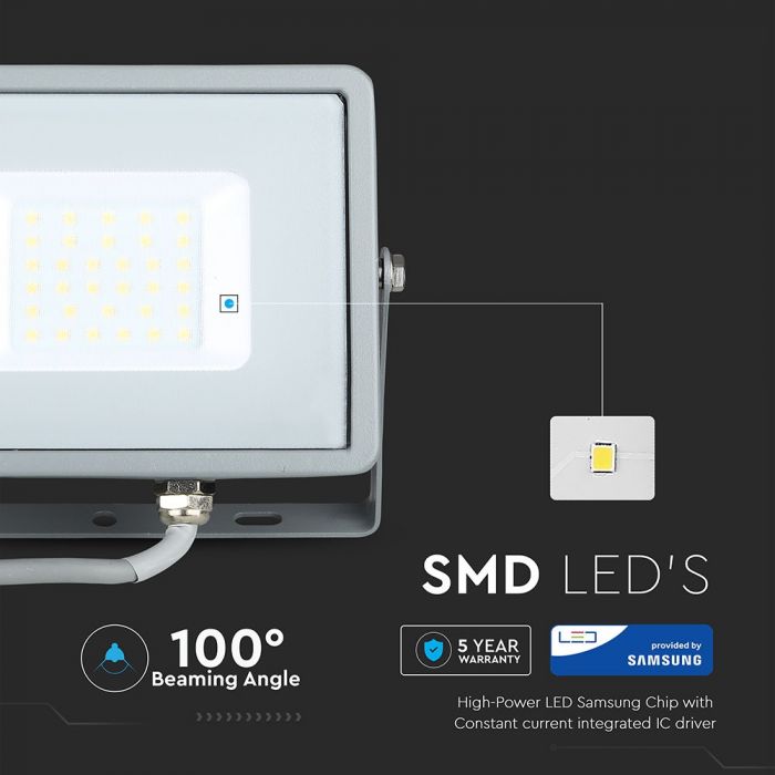 30W(2400Lm) LED Spotlight V-TAC SAMSUNG, IP65, warranty 5 years, gray body, neutral white light 4000K