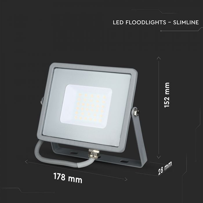 30W(2400Lm) LED Spotlight V-TAC SAMSUNG, IP65, warranty 5 years, gray body, neutral white light 4000K