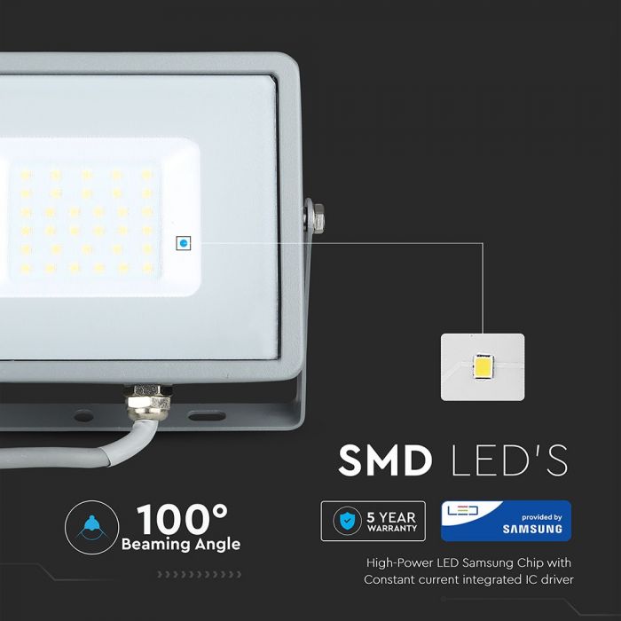 30W (2400Lm) LED-valgusti V-TAC SAMSUNG, IP65, 5-aastane garantii, hall korpus, 6400K külmvalge valgus