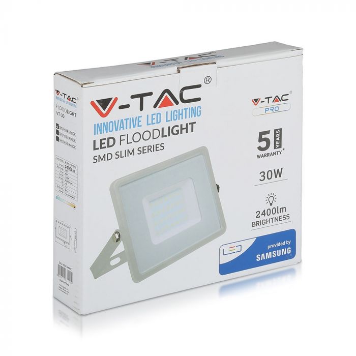 30W (2400Lm) LED-valgusti V-TAC SAMSUNG, IP65, 5-aastane garantii, hall korpus, 6400K külmvalge valgus