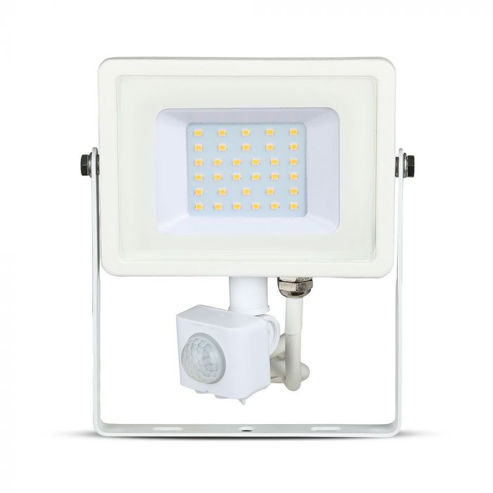 Светодиодный прожектор 30W(2400Lm) с PIR датчиком движения, V-TAC SAMSUNG, IP65, гарантия 5 лет, белый корпус, теплый белый свет 3000K