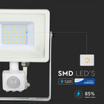 Светодиодный прожектор 30W(2400Lm) с PIR датчиком движения, V-TAC SAMSUNG, IP65, гарантия 5 лет, белый корпус, теплый белый свет 3000K
