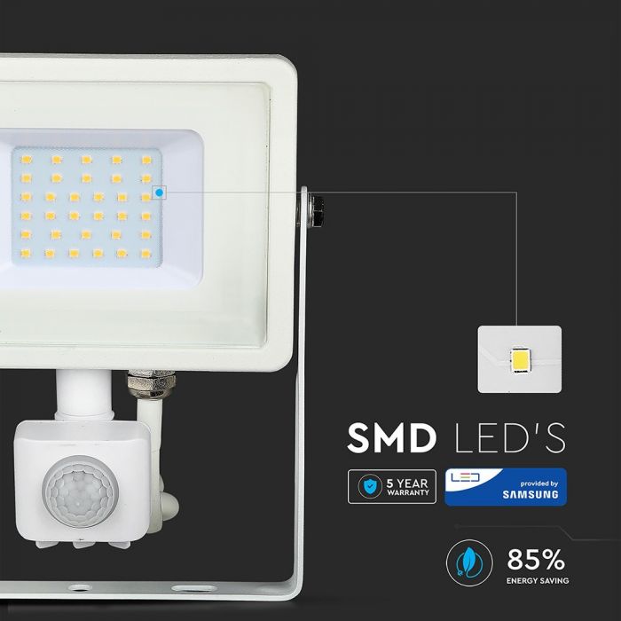 30W(2400Lm) LED Spotlight with PIR motion sensor, V-TAC SAMSUNG, IP65, warranty 5 years, white body, warm white light 3000K