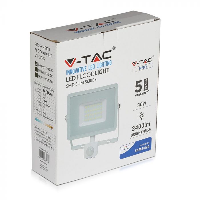 Светодиодный прожектор 30W(2400Lm) с PIR датчиком движения, V-TAC SAMSUNG, IP65, гарантия 5 лет, белый корпус, теплый белый свет 3000K