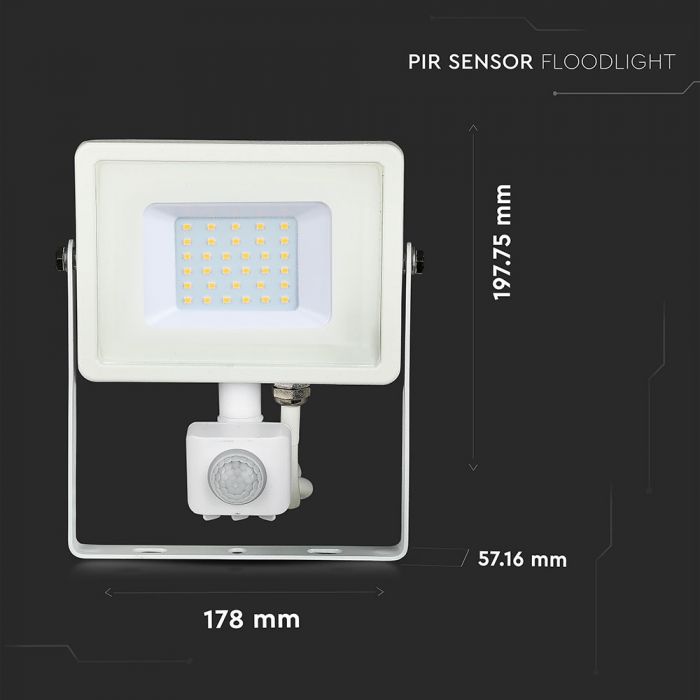 30W(2400Lm) LED Prožektors ar PIR kustības sensoru, V-TAC SAMSUNG, IP65, garantija 5 gadi, balts korpuss, silti balta gaisma 3000K