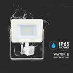 Светодиодный прожектор 30W(2400Lm) с PIR датчиком движения, V-TAC SAMSUNG, IP65, гарантия 5 лет, белый корпус, теплый белый свет 3000K