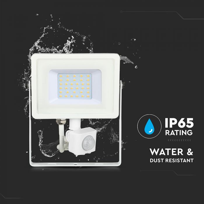 Светодиодный прожектор 30W(2400Lm) с PIR датчиком движения, V-TAC SAMSUNG, IP65, гарантия 5 лет, белый корпус, теплый белый свет 3000K