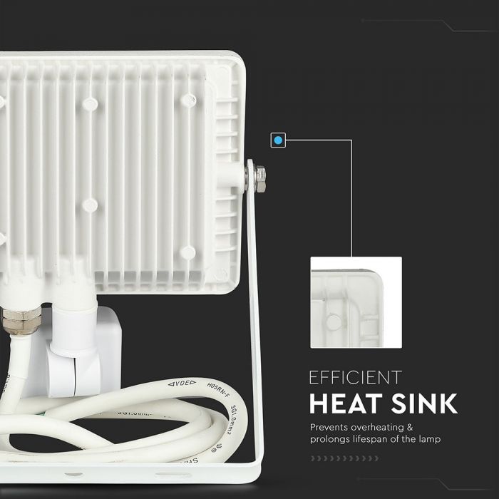 30W(2400Lm) LED Spotlight with PIR motion sensor, V-TAC SAMSUNG, IP65, warranty 5 years, white body, cold white light 6400K